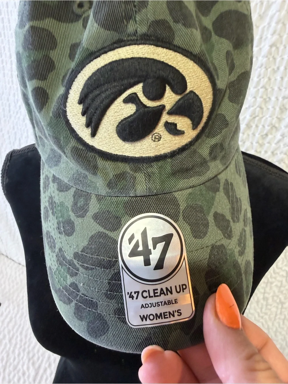 47 Women's Camo Cap with Black and Cream Hawkeye Logo